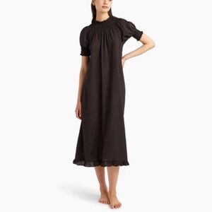 Hill House Black Midi Puff-Sleeve Smocked Neck Dress